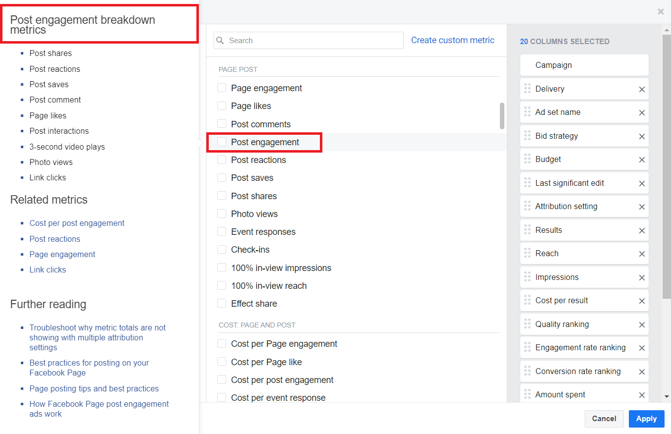 Post Engagement Facebook ad metrics